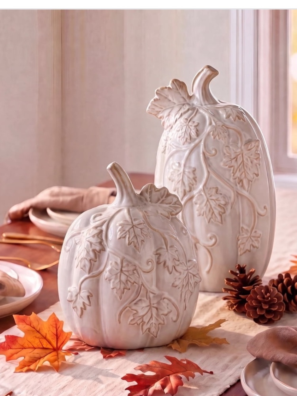 My Texas House Fall Small Ceramic Pumpkin with Vine Accents Decoration 7”
